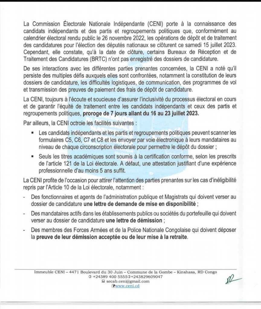processus électoral en RDC , la CENI accorde 7 jours supplémentaires aux retardataires pour le dépôt des candidatures à la députation Nationale ( communiqué)