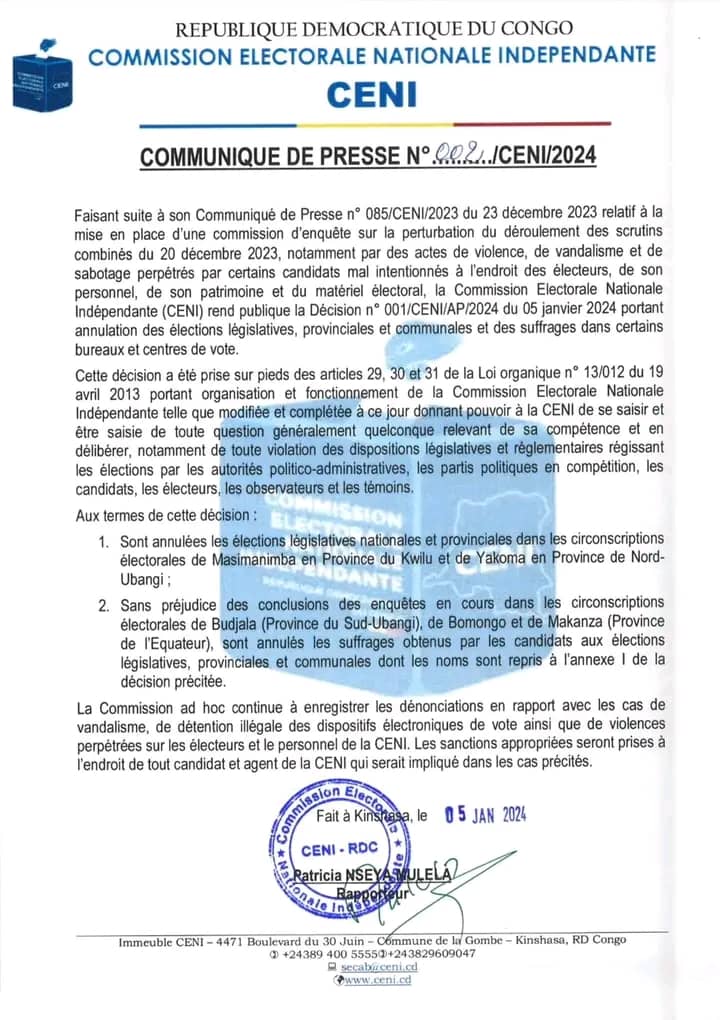 RDC : Élections législatives, la CENI invalide 82 candidats pour fraude électorale et annule les élections dans certaines circonscriptions ( communiqué)
