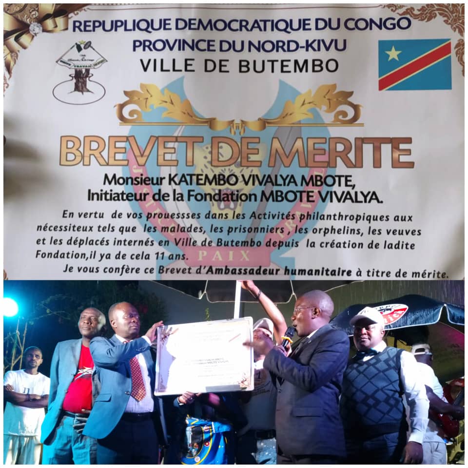Nord-Kivu : la Mairie de Butembo couronne les actions de l’Asbl Fondation MBOTE VIVALYA par un brevet « d’Ambassadeur humanitaire » à l’occasion de son 11e anniversaire